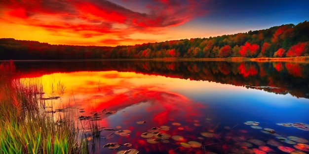 Um tranquilo pôr do sol de verão lança cores vivas e reflexos sobre uma serena e idílica paisagem à beira do lago