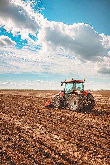 Foto um trator arando um campo com um arado