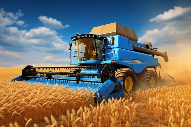 um trator azul está em um campo de trigo com as palavras "trigo" ao lado.