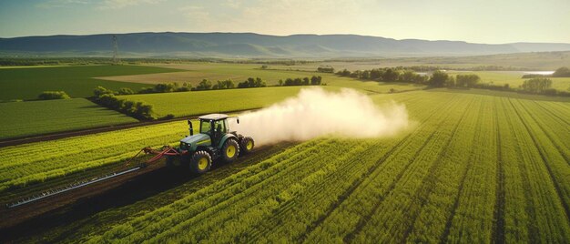 um trator está arando um campo com um campo de grama e o sol está se estabelecendo atrás dele