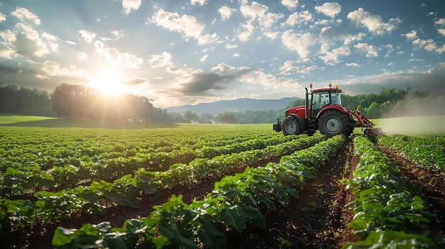 um trator está dirigindo através de um campo de colheitas