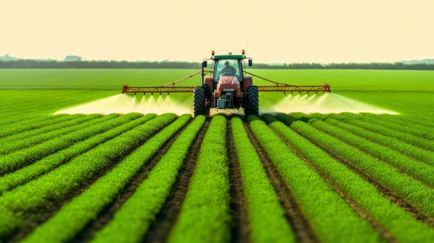 Um trator pulveriza pesticidas em um campo.