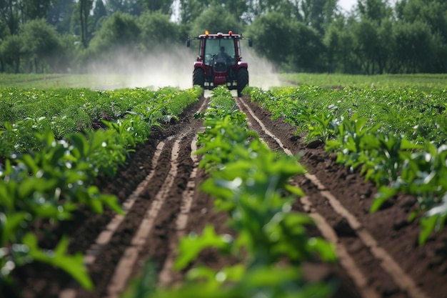 Um trator pulverizando pesticida em um campo