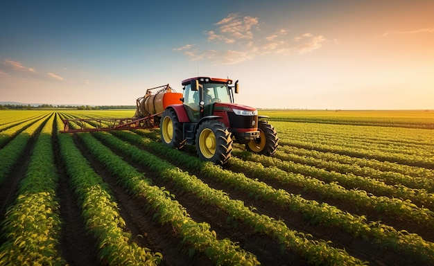 Um trator pulverizava plantações em um campo ao pôr do sol