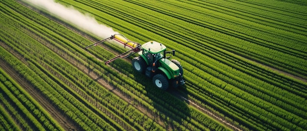 Foto um trator verde está arando um campo de trigo verde