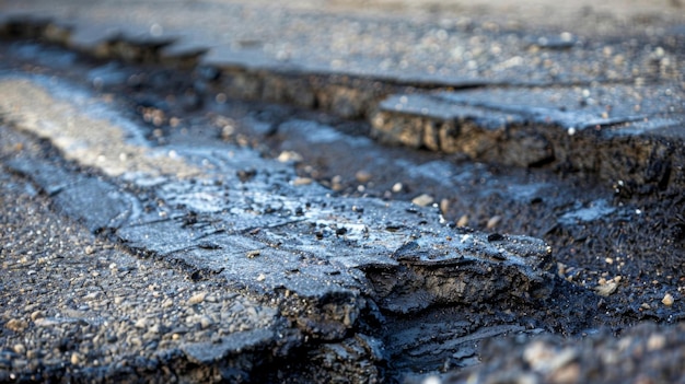 Um trecho de uma estrada urbana é mostrado em close-up revelando camadas de concreto e asfalto que se recuperam