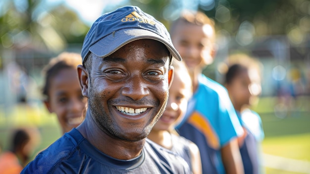 Um treinador de esportes juvenis enfatizando o trabalho em equipe e a inclusão entre jogadores de todas as habilidades