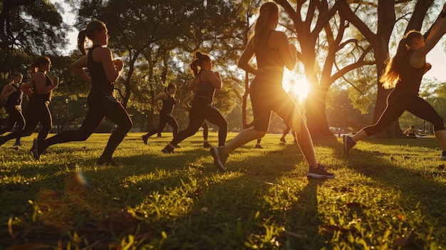 Foto um treino matinal em um parque da cidade onde um grupo de jovens mulheres se envolve em vários exercícios de alta intensidade demonstrando determinação, resiliência e o início revigorante do dia