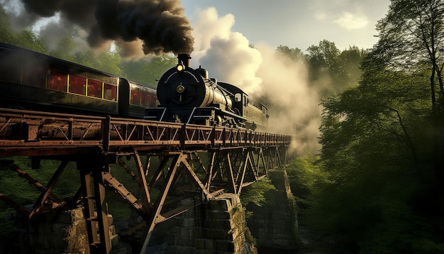 Foto um trem a vapor atravessa uma ponte de ferro