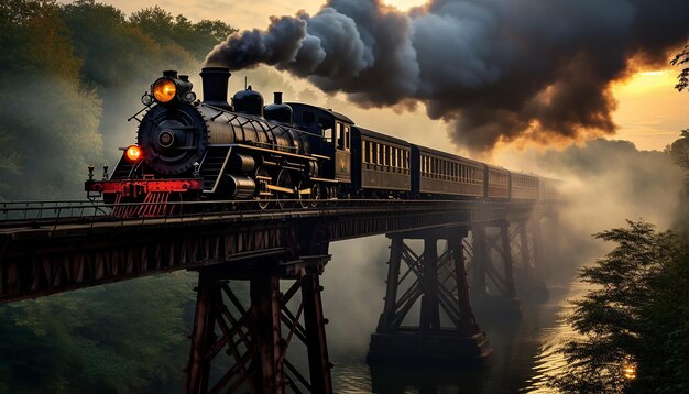 Foto um trem a vapor atravessa uma ponte de ferro