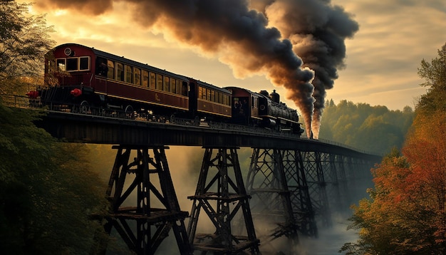 Foto um trem a vapor atravessa uma ponte de ferro