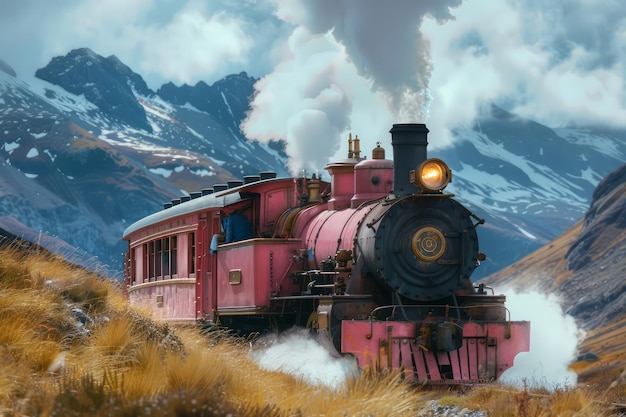 Um trem a vapor rosa caprichoso nas montanhas.