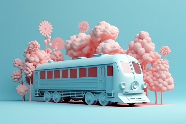 Um trem azul com um rosto rosa
