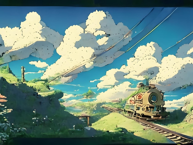 um trem com bela ilustração de paisagem paisagística
