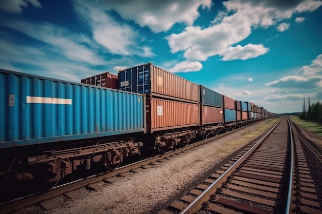 Foto um trem com um contêiner azul na lateral.