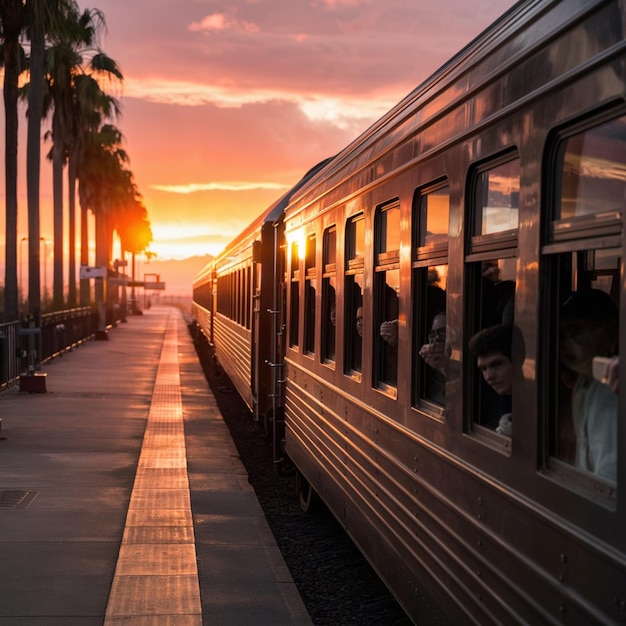 Foto um trem com um pôr-do-sol no fundo e um homem olhando pela janela