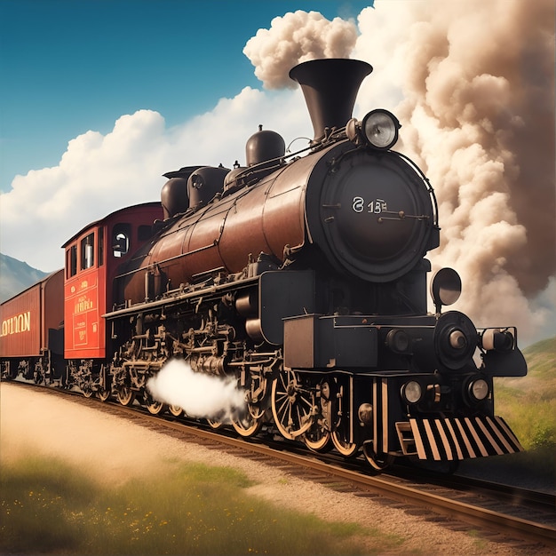 Um trem com uma frente vermelha e preta com uma fumaça saindo do topo