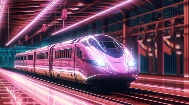 Um trem com uma luz roxa nele
