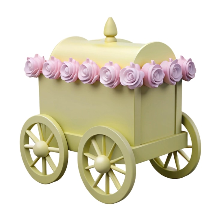 Foto um trem de brinquedo amarelo com rosas rosas no topo
