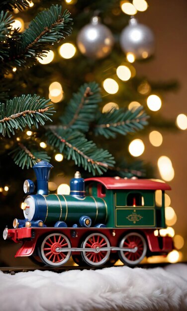 Foto um trem de brinquedo sob uma árvore de natal iluminado por luzes de fada