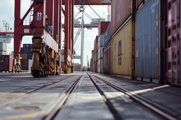 Foto um trem é retratado viajando pelos trilhos do trem ao lado de uma alta estrutura vermelha esta imagem pode ser usada para retratar paisagens industriais de transporte ou ambientes urbanos