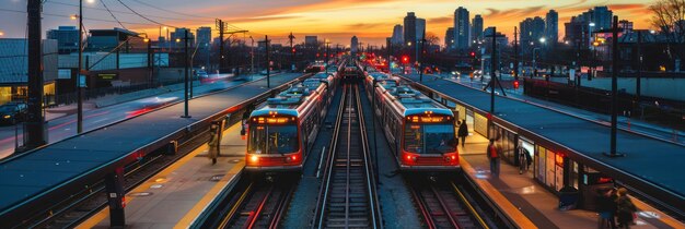 Um trem elevado a atravessar a cidade movimentada ao pôr-do-sol