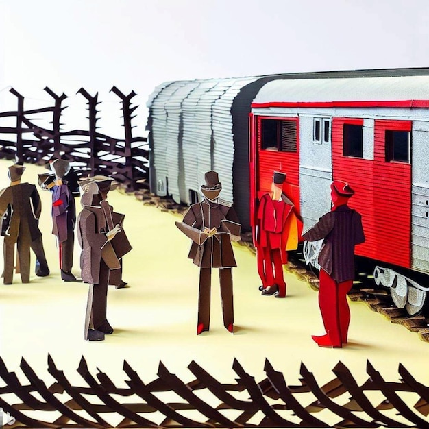 Um trem em miniatura com uma porta vermelha e um homem de terno.