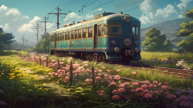 Um trem em um campo de flores