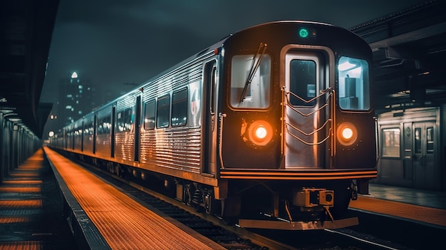 Um trem em um trilho de trem à noite generativa imagem ai