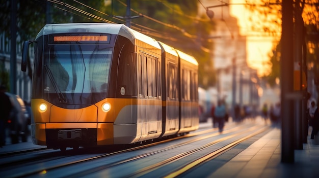 Um trem em uma rua com a palavra metro na frente