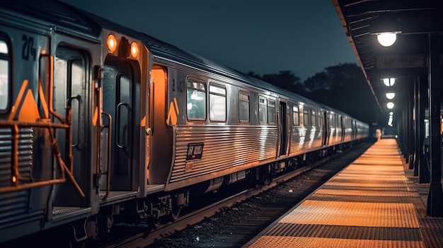 Um trem está estacionado em uma imagem ai generativa da estação de trem