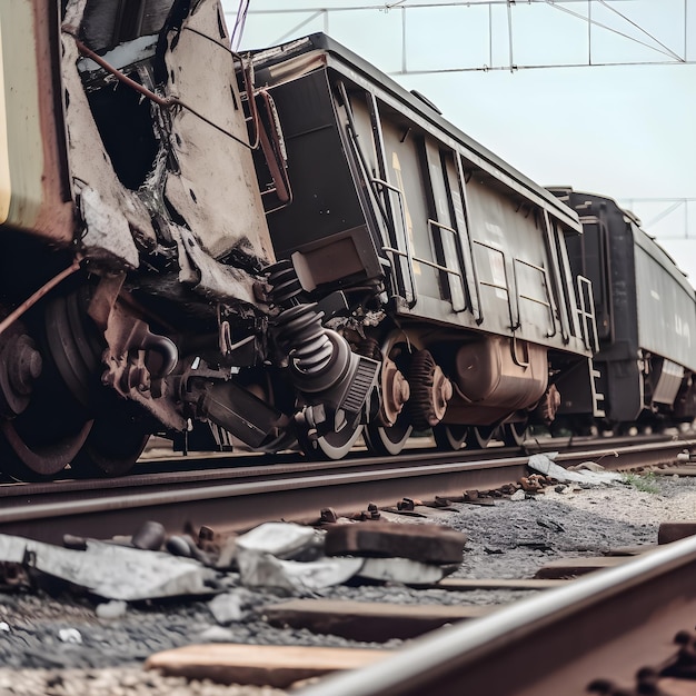 Um trem está nos trilhos com um trem quebrado.