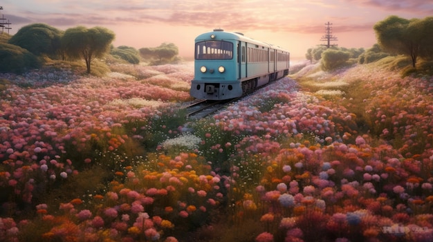 Foto um trem está passando por um campo de flores.