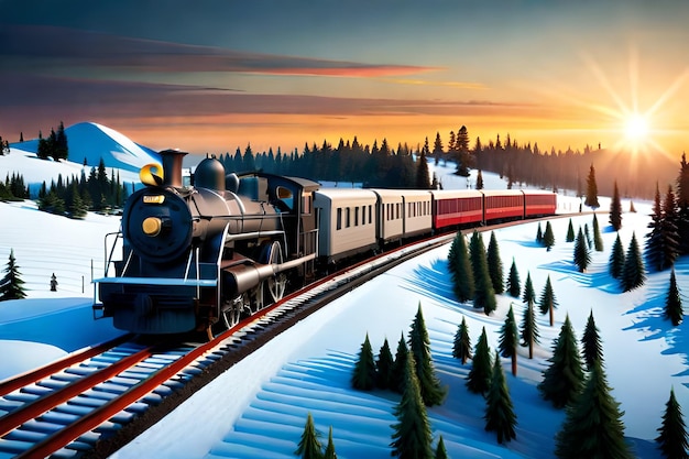 Um trem está passando por uma paisagem nevada com um trem passando pela neve.