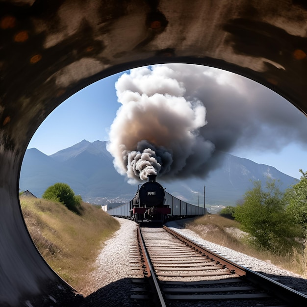 Foto um trem está saindo de um túnel com fumaça saindo dele.