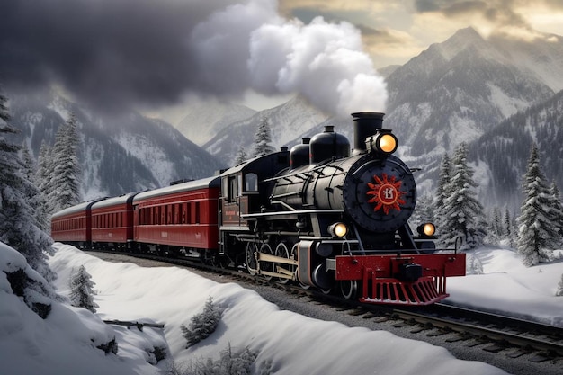um trem está viajando pelos trilhos na neve.