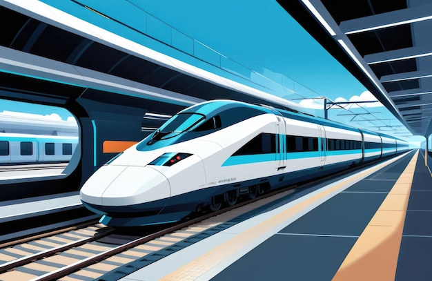 Um trem futurista de alta velocidade em uma estação mostrando tecnologia de transporte avançada