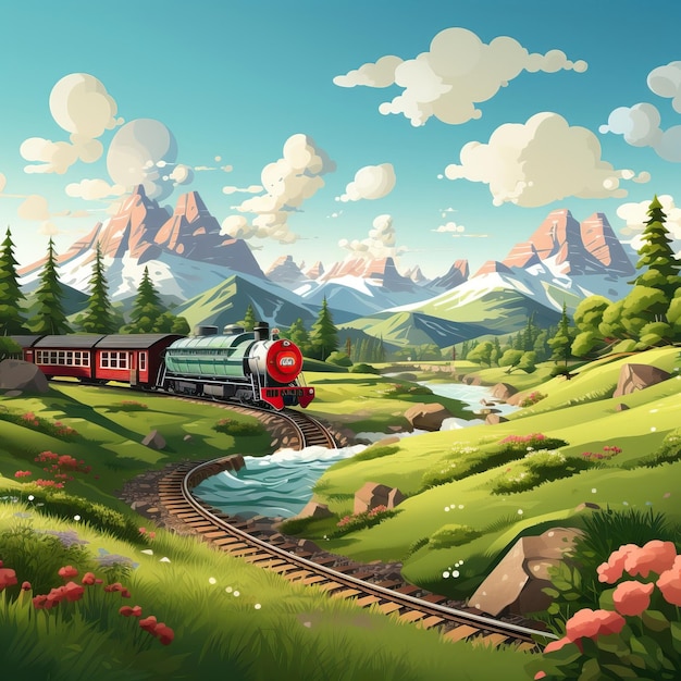 Foto um trem low poly viajando por uma paisagem campestre pitoresca