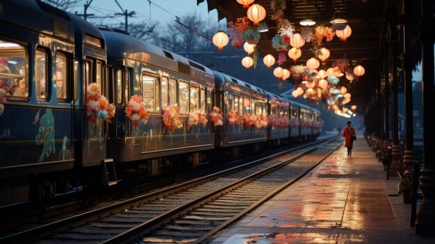 Foto um trem majestoso chega a uma estação movimentada com passageiros ansiosos por embarcar ou desembarcar