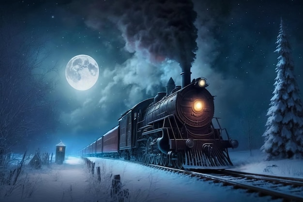 Um trem na neve com uma lua cheia ao fundo