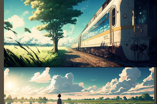 Um trem passa por um campo e o céu está azul e o sol está brilhando.