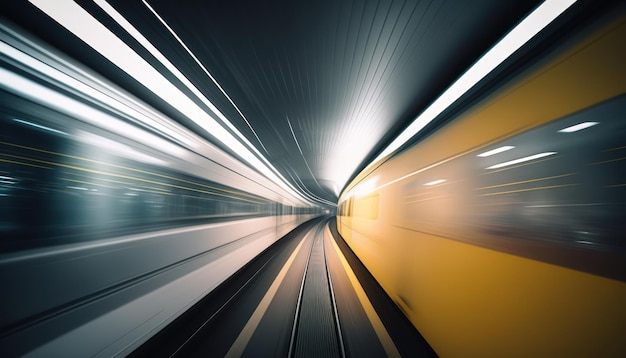 Um trem passando por um túnel com uma faixa amarela que diz "trem".