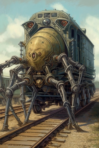 Uma pintura de um trem com pernas de aranha