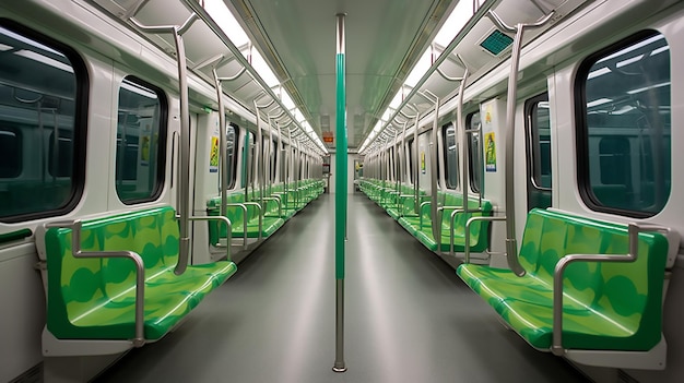 um trem verde e branco com um assento verde e um poste verde