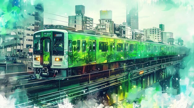 Foto um trem verde está em uma pista na frente de uma cidade