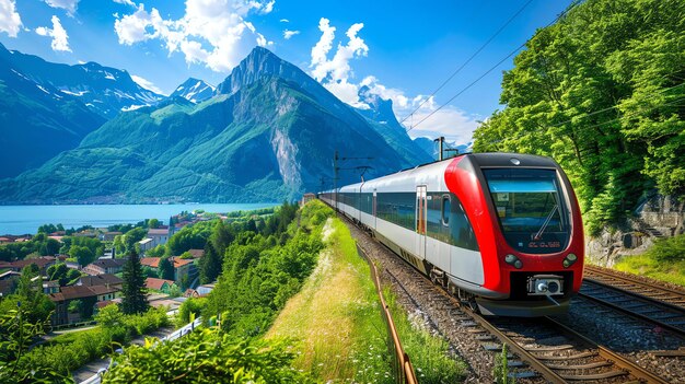 Foto um trem vermelho e branco viaja pelos alpes suíços passando por um lago e uma aldeia