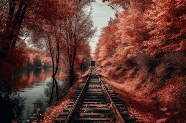 Um trem vermelho passa pelo rio