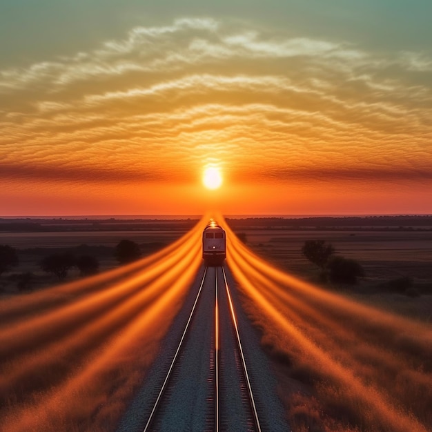 Foto um trem viaja pelos trilhos ao pôr do sol.