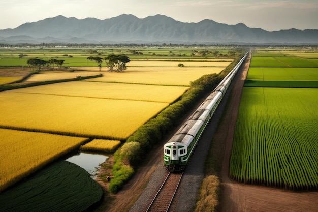 Um trem viaja por uma paisagem rural com montanhas ao fundo.