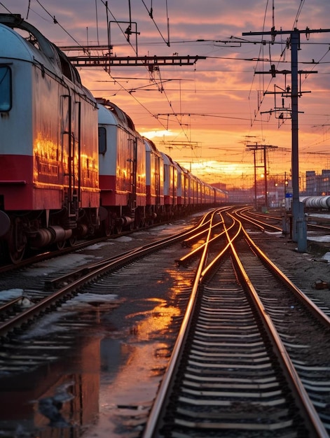 um trem viajando pelas trilhas do trem ao pôr-do-sol
